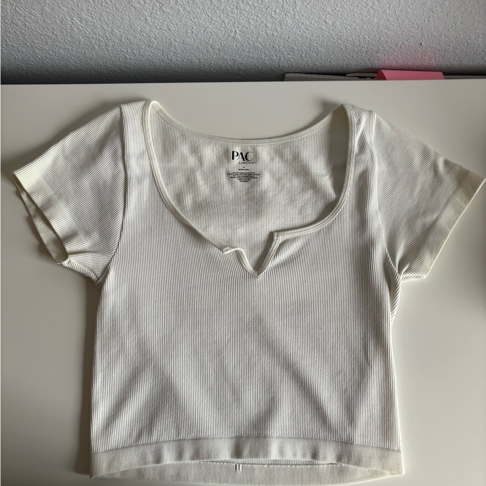 PacSun Cream Ribbed Notch Neck Short Sleeve Tee